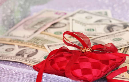 Marriage of convenience. Concept. Engagement ring and dollarsの写真素材