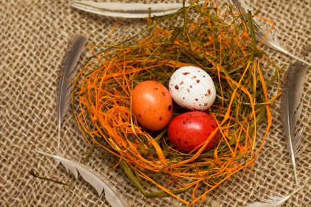 Easter. Colorful nest of chocolate quail eggs, close-upの写真素材