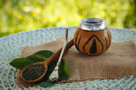 Photo of calabash and bombilla, on bright green backgroundの写真素材