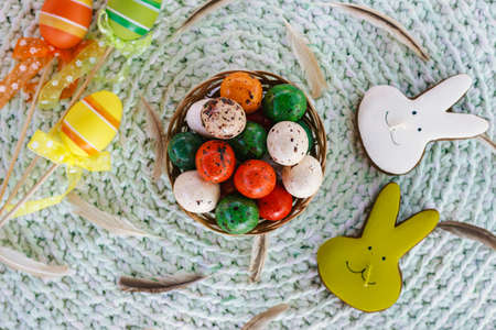 Sweet Easter. Chocolate eggs and decorations, close-up