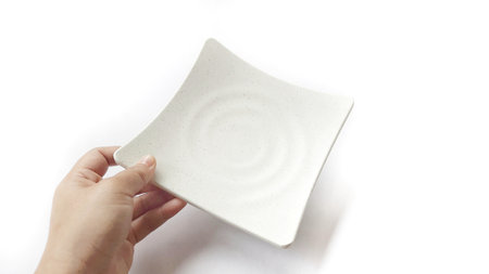 Empty square white plate with ceramic melamin material isolated on white background