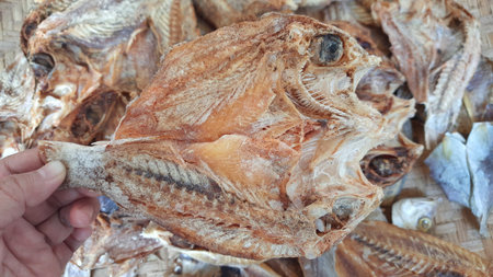 Close Up Fresh Dried Salted Fish. Raw Food Backgroundの写真素材