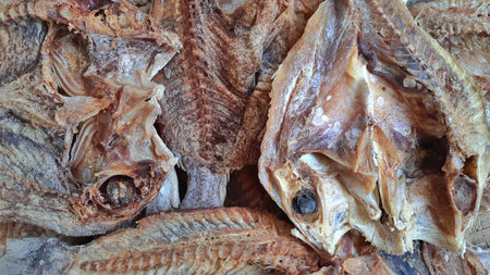 Close Up Fresh Dried Salted Fish. Raw Food Backgroundの写真素材