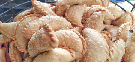 Fried Jalangkote or Pastel snack display in street food for sale. Popular Indonesian cakes