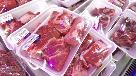 Bekasi, West Java, Indonesia - March 13 2026. Fresh Packaged Raw Meat or Beef Cuts Displayed in a Supermarketのeditorial素材