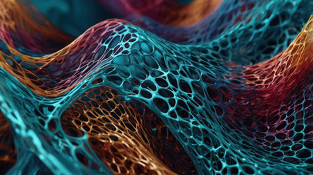 Interwoven strands of magenta, orange, and cyan create an intricate, flowing, and abstract web-like structure in a softly lit, captivating display,の素材