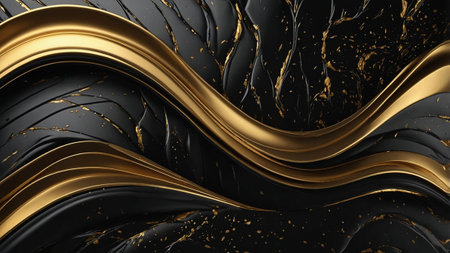 Abstract Gold and Black Fluid Art, A Luxurious Dance of Light and Shadow, with Swirling Metallic Curves and Delicate Glittering Highlightsの素材