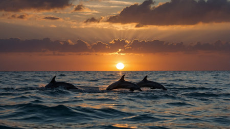Dolphin's Majestic Leap Against a Sunset Canvas, A Moment of Joyful Freedom in the Ocean's Embrace, captured in a burst of golden light and cascading water,の素材
