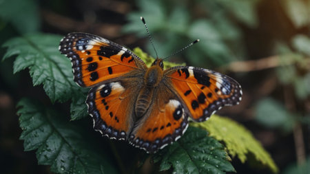 A Vibrant Painted Lady Butterfly Perched on a Fern Frond, Against a Softly Blurred Forest Backdrop, Showcasing the Delicate Beauty of Nature's Wondersの素材