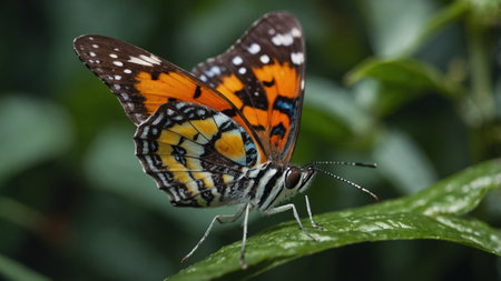 A Vibrant Painted Lady Butterfly Perched on a Fern Frond, Against a Softly Blurred Forest Backdrop, Showcasing the Delicate Beauty of Nature's Wondersの素材