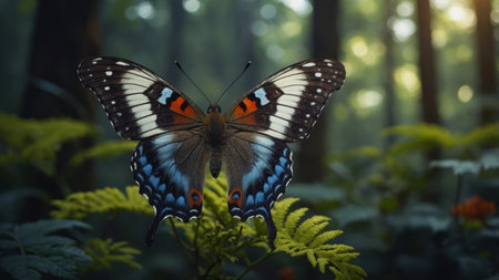 A Vibrant Painted Lady Butterfly Perched on a Fern Frond, Against a Softly Blurred Forest Backdrop, Showcasing the Delicate Beauty of Nature's Wondersの素材