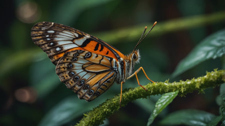 A Vibrant Painted Lady Butterfly Perched on a Fern Frond, Against a Softly Blurred Forest Backdrop, Showcasing the Delicate Beauty of Nature's Wondersの素材