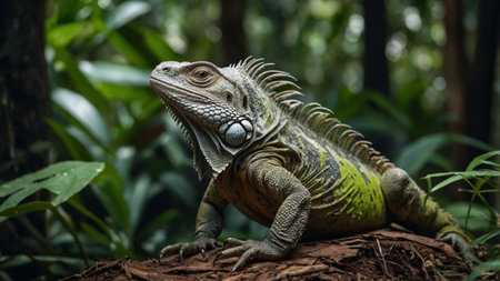 Green iguana on a rock in the rainforest of Costa Ricaの素材