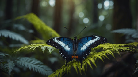 Butterfly on a fern in a tropical rainforest.の素材