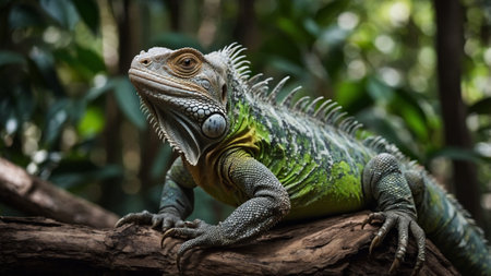 Green iguana sitting on a log in the rainforest of Costa Ricaの素材