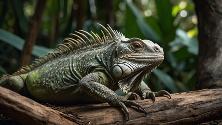 Green iguana sitting on a log in the rainforest of Costa Ricaの素材