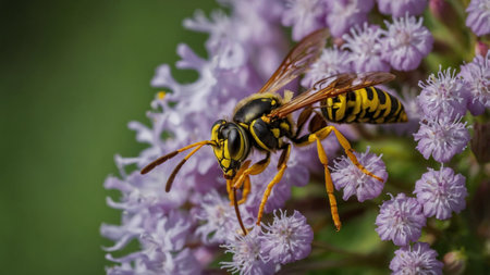 Wasp on a purple flower in the nature. Macro photography.の素材