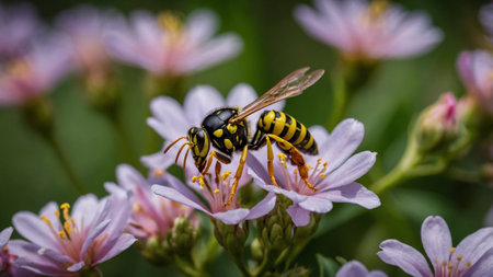 Wasp on a pink flower in the garden. Macro photography.の素材
