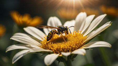 A wasp on a daisy flower in the garden. Macroの素材