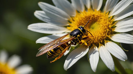 A wasp on a daisy flower. Close-up.の素材