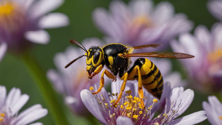 Wasp on a purple flower in nature. Close-up.の素材