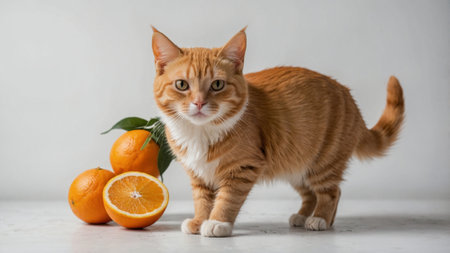 ginger cat with oranges on a white background. horizontal photo.の素材