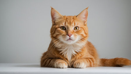 ginger cat lying on a white table and looking at the cameraの素材