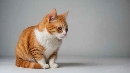 beautiful red cat with white breast on a gray background in studioの素材