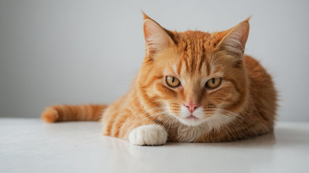 Cute ginger cat lying on the floor and looking at the cameraの素材