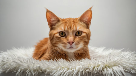 ginger cat on a white fur blanket on a gray background close upの素材