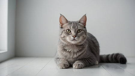 British Shorthair cat sitting on the floor and looking at cameraの素材