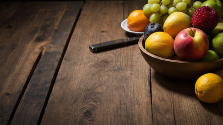 Fresh fruits in wooden bowl on rustic wooden table. Copy space.の素材