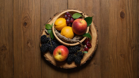 Fresh fruits in a wooden bowl on a rustic wooden background.の素材
