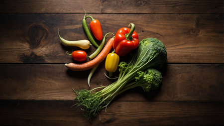 Fresh vegetables on wooden background. Healthy food concept. Top view.の素材