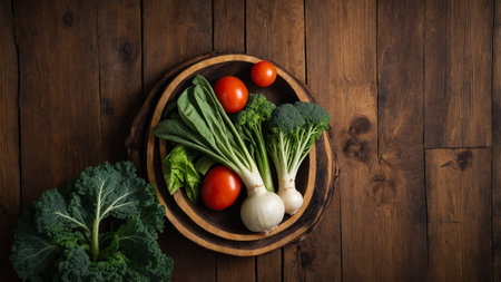 Vegetables on a wooden background, top view, copy spaceの素材