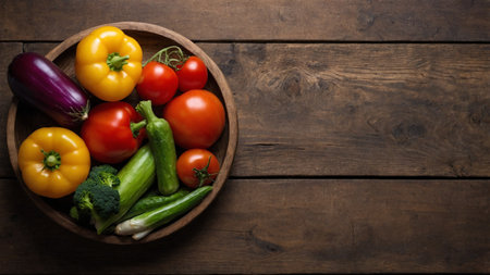 Vegetables in wooden bowl on wooden background. Top view with copy spaceの素材