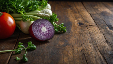 Fresh vegetables on a wooden table. Selective focus. Food backgroundの素材