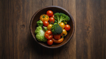 Vegetables in a wooden bowl on a dark wooden background.の素材