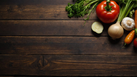 Vegetables on wooden background. Top view with copy space.の素材