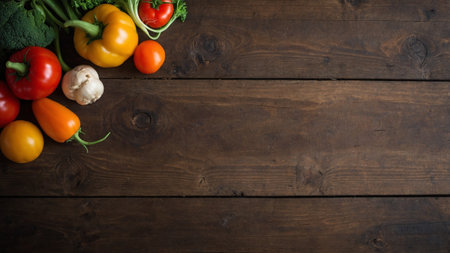 Vegetables on wooden background, top view, copy space.の素材