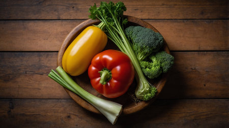 Fresh vegetables on a wooden table, top view, copy space.の素材