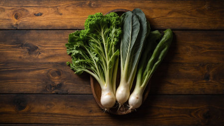 Vegetables on a wooden table, top view, copy spaceの素材