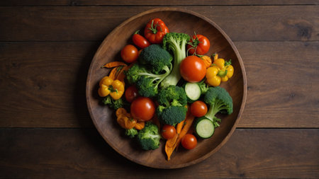 Vegetables in a wooden plate on a dark wooden background.の素材