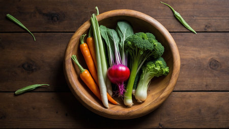 Vegetables in a wooden bowl on a wooden table. Top viewの素材