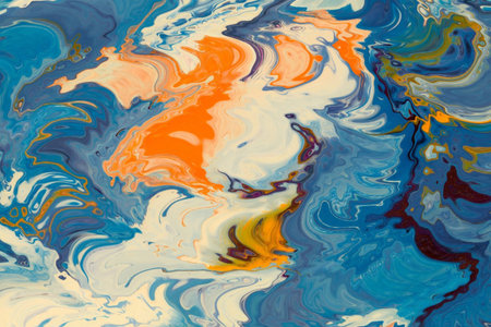 Marbled blue and orange abstract background. Liquid marble ink pattern.