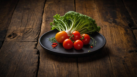 Tomatoes and lettuce on a black plate on a dark wooden backgroundの素材