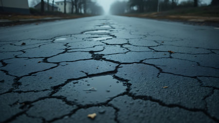 A desolate cracked asphalt road with puddles of water reflects a somber mood. The image captures a sense of neglect and disrepair with a foggy, misty atmosphere adding to the overall feeling of loneliness and despair.の素材
