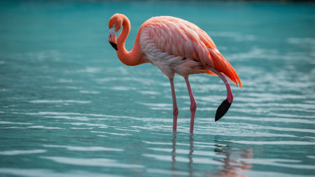 A stunning image of a pink flamingo standing gracefully in shallow turquoise water. The flamingo's long legs and elegant neck are beautifully reflected in the calm surface, creating a serene and captivating scene.の素材