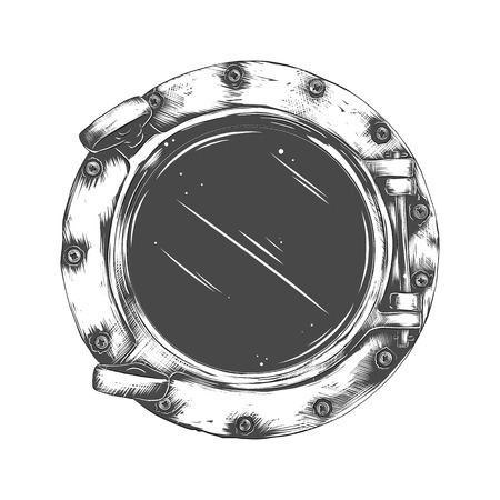 Vector illustration of metal porthole with glass isolated on white background. Rivets mountのイラスト素材