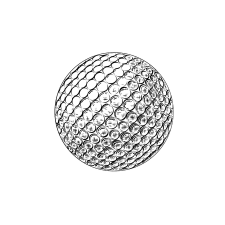 Hand drawn sketch of golf ball in black isolated on white background. Detailed vintage style drawing. Vector illustration.のイラスト素材
